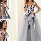 Applique Sleeves Long V-Neck A-Line/Princess Tulle Floor-Length Dresses