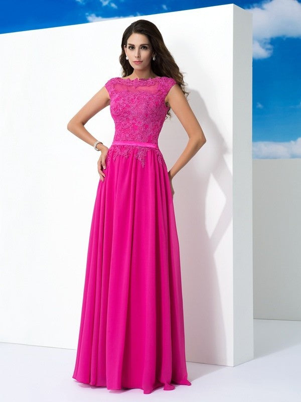Sleeveless A-Line/Princess Neck Lace Sheer Long Chiffon Dresses