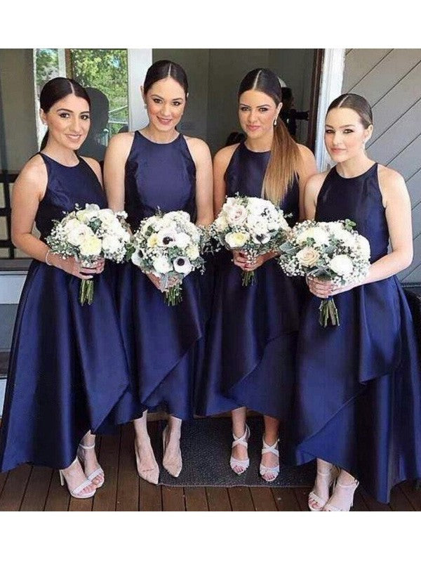 A-Line/Princess Sleeveless Scoop Layers Asymmetrical Satin Bridesmaid Dresses