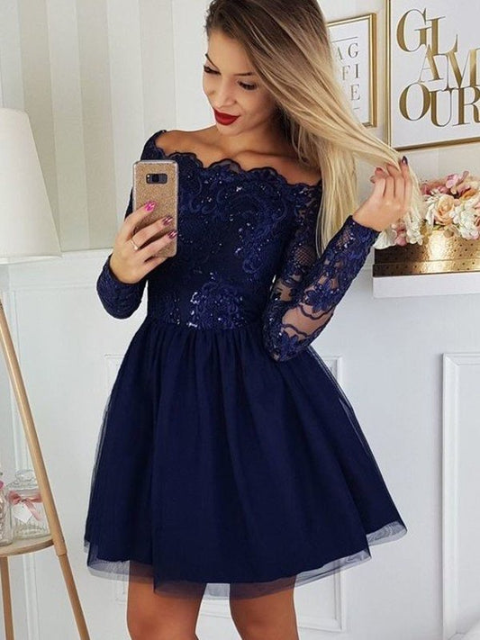 Off-the-Shoulder Applique Sleeves Long Tulle A-Line/Princess Short/Mini Homecoming Dress
