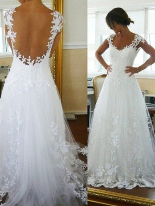 A-Line/Princess Train Sleeveless V-neck Lace Sweep/Brush Tulle Wedding Dresses