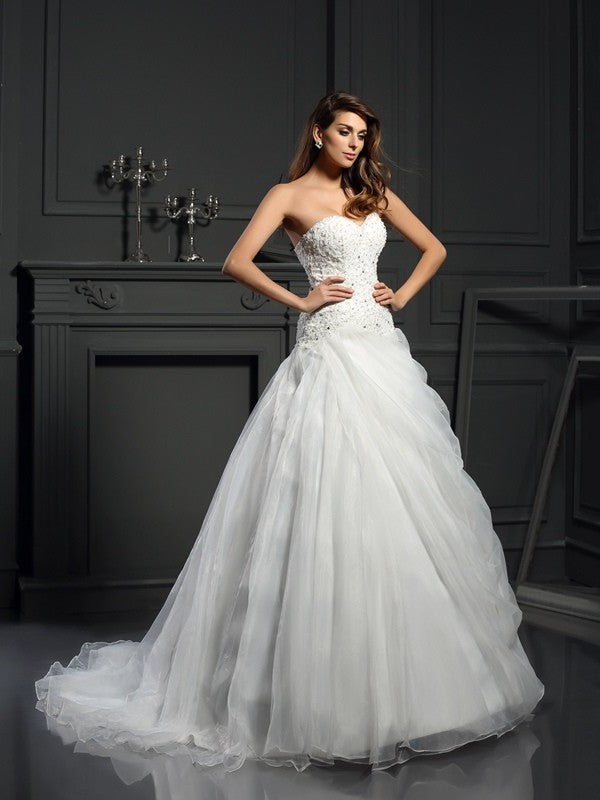 Gown Ruffles Sweetheart Long Ball Sleeveless Organza Wedding Dresses