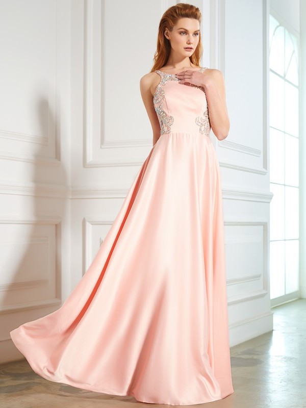 A-Line/Princess Scoop Sleeveless Beading Satin Floor-Length Dresses