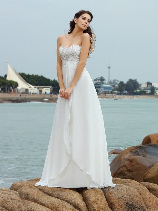 Chiffon Long Beading Sleeveless A-Line/Princess Sweetheart Beach Wedding Dresses