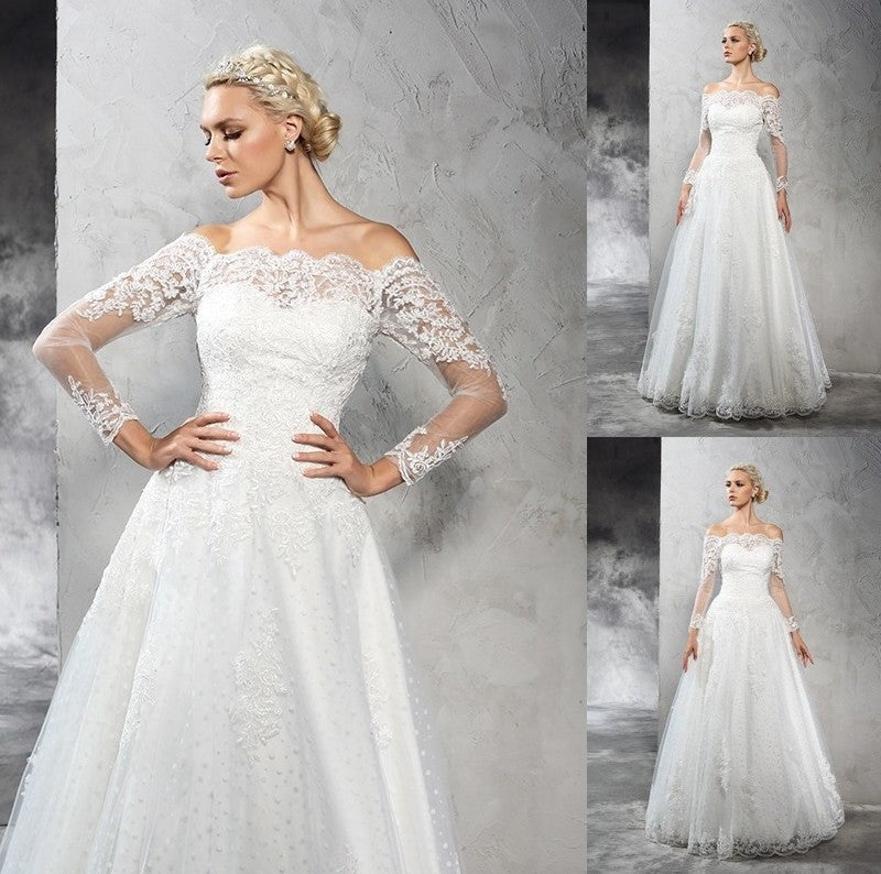 Sleeves Long Long Off-the-Shoulder Ball Gown Lace Net Wedding Dresses