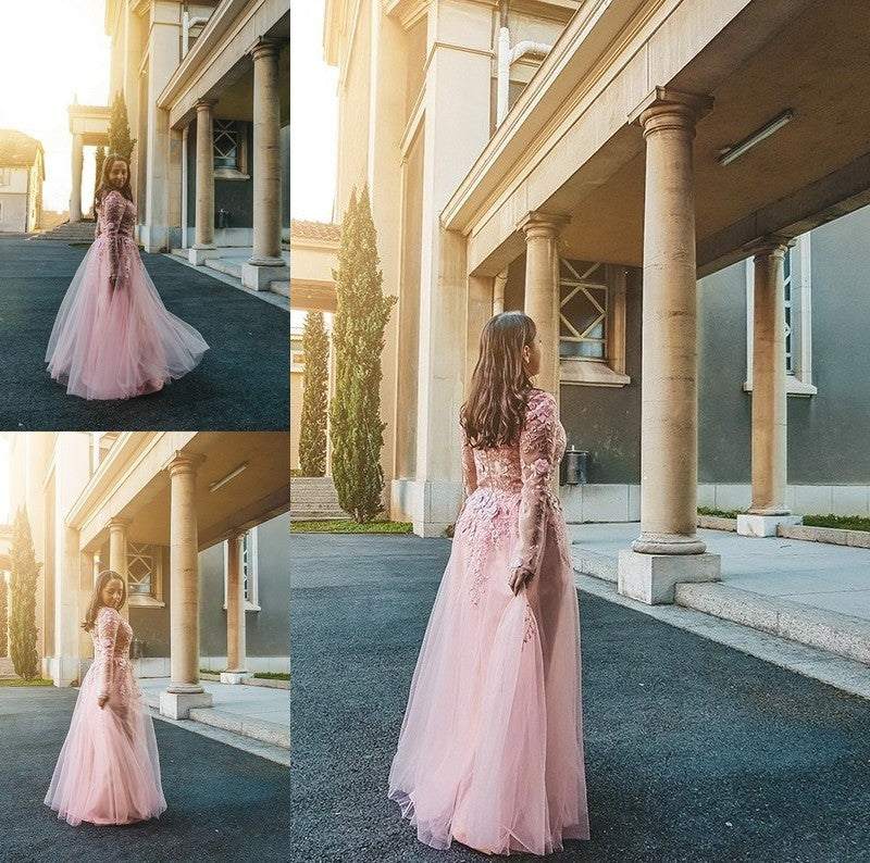 Long Applique Sleeves Tulle A-Line/Princess V-neck Floor-Length Dresses