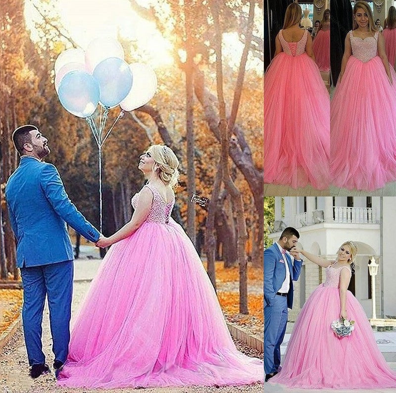 Gown Ball Sleeveless Sweetheart Train Tulle Sweep/Brush Pearls Plus Size Dresses