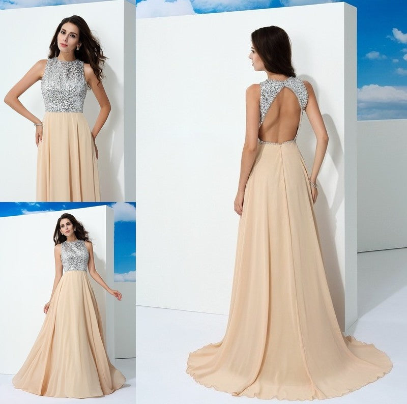 Scoop A-Line/Princess Sleeveless Paillette Long Chiffon Dresses
