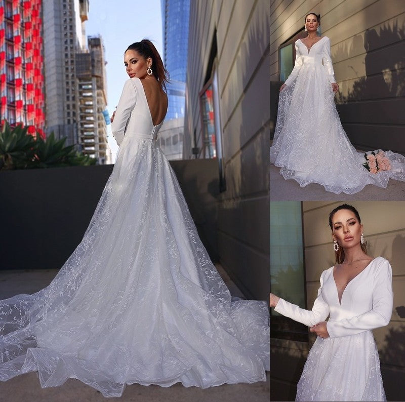 V-neck Sleeves Lace Long A-Line/Princess Applique Sweep/Brush Train Wedding Dresses