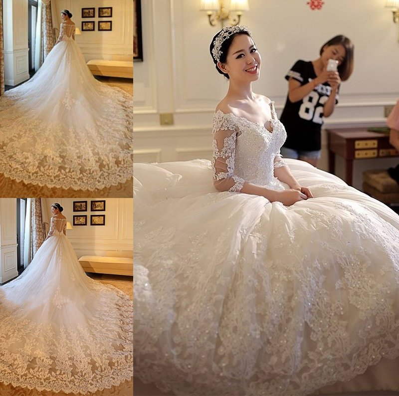 Applique Ball Cathedral Gown Train 3/4 Beading Sleeves Off-the-Shoulder Tulle Wedding Dresses