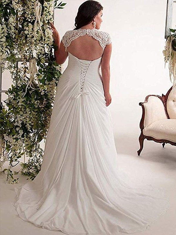 Sweetheart Chiffon Sweep/Brush Sleeveless Plus Empire Train Lace Size Wedding Dresses