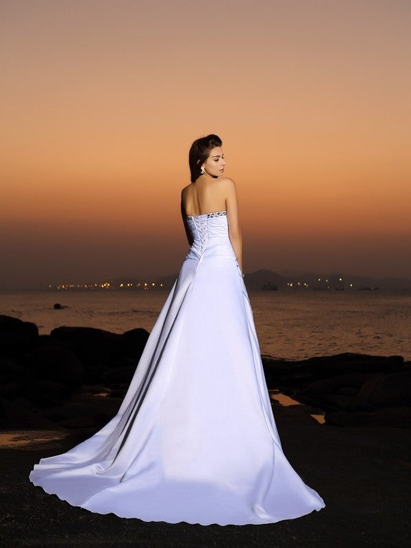 Beading Strapless Sleeveless Satin A-Line/Princess Long Beach Wedding Dresses