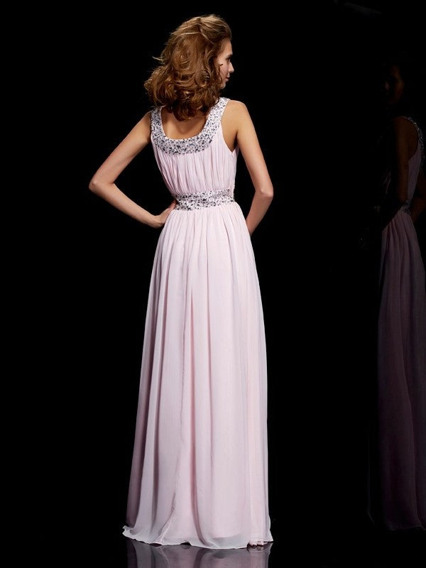 Beading A-Line/Princess Sleeveless Scoop Long Chiffon Dresses