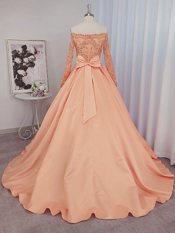 Long Satin Ball Sleeves Gown Off-the-Shoulder Beading Court Train Dresses