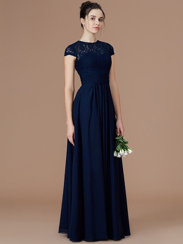 Lace Sleeves Jewel A-Line/Princess Short Floor-Length Chiffon Bridesmaid Dresses