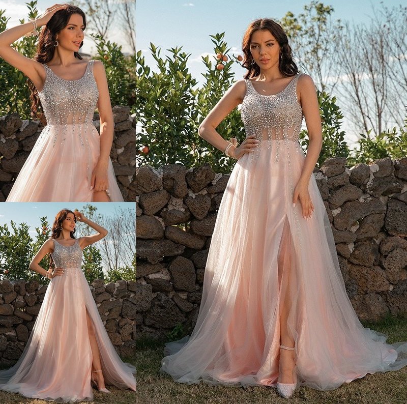 A-Line/Princess Tulle Sleeveless Sequin Straps Sweep/Brush Train Dresses