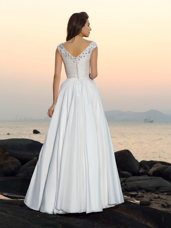 Taffeta V-neck A-Line/Princess Sleeveless Beading Long Beach Wedding Dresses