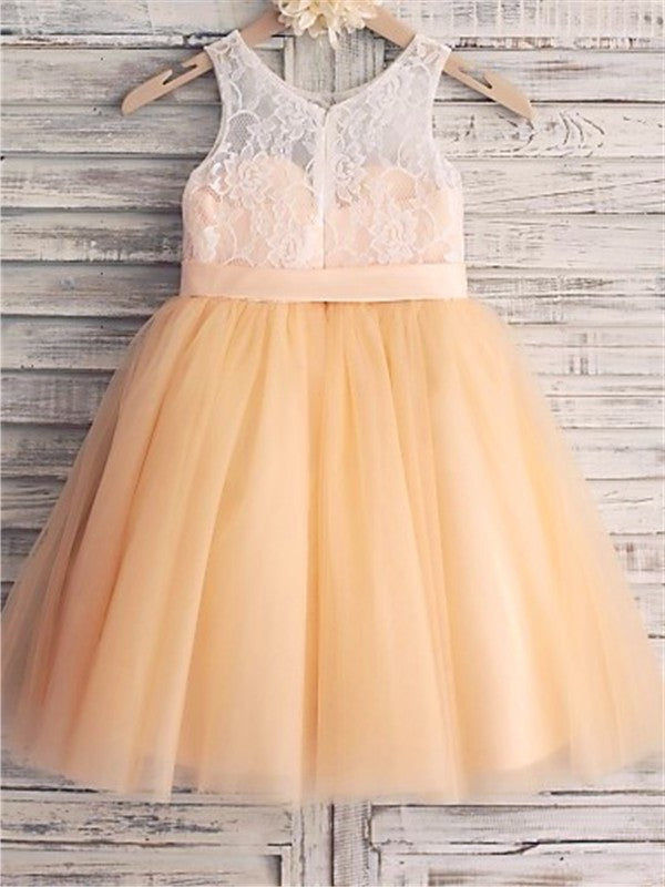 Scoop Tulle Sash/Ribbon/Belt A-line/Princess Tea-Length Sleeveless Flower Girl Dresses