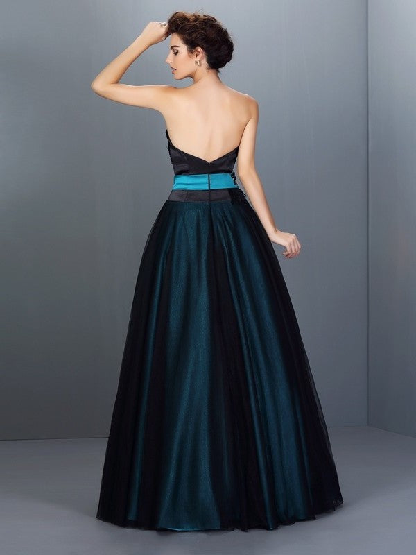 Ball Long Woven Feathers/Fur Sleeveless Strapless Gown Elastic Satin Quinceanera Dresses