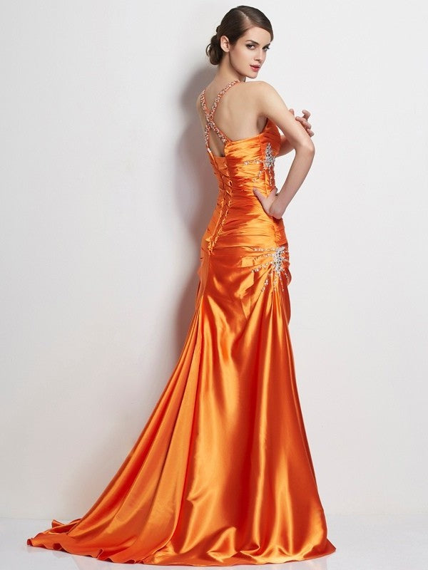 Long Spaghetti Straps A-Line/Princess Sleeveless Elastic Beading Woven Satin Dresses