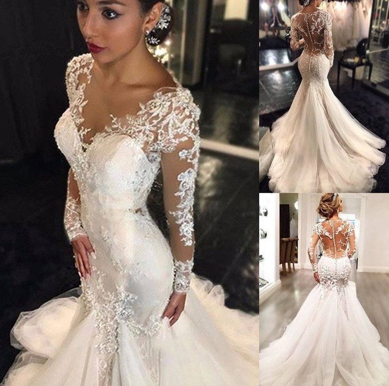 Trumpet/Mermaid Sleeves Train Long V-neck Court Lace Tulle Wedding Dresses