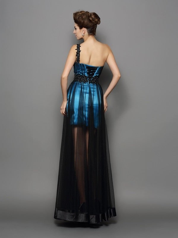 Sleeveless Elastic A-Line/Princess One-Shoulder Long Ruched Woven Satin Dresses