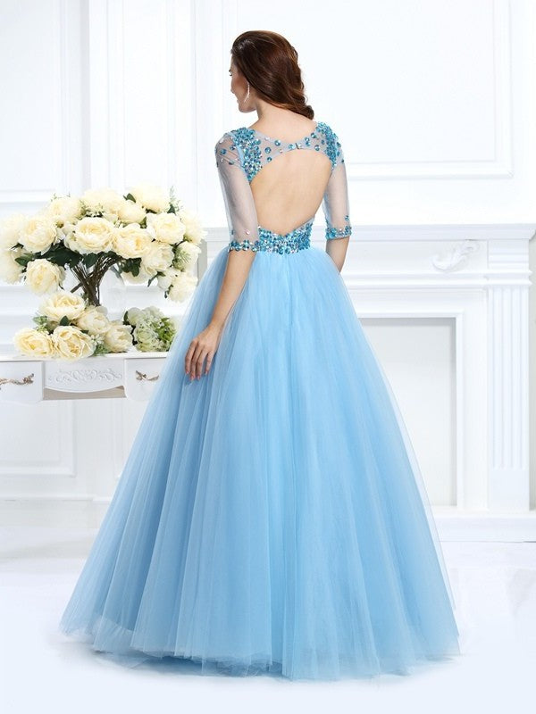Beading V-neck Gown Ball Long Sleeves 1/2 Satin Quinceanera Dresses