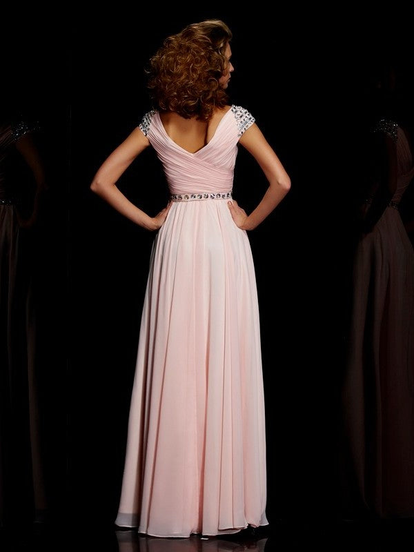 V-neck Ruffles Short Sleeves A-Line/Princess Long Chiffon Dresses