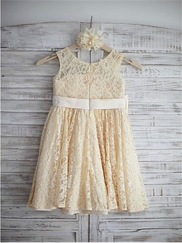 Lace Bowknot Scoop A-line/Princess Sleeveless Knee-Length Flower Girl Dresses