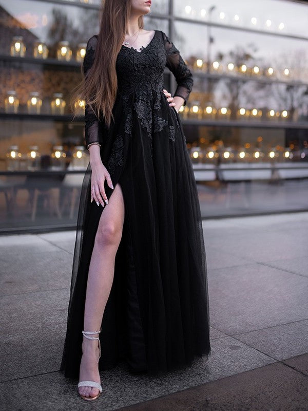 Applique Ball Sleeves Tulle Gown Long Off-the-Shoulder Floor-Length Dresses