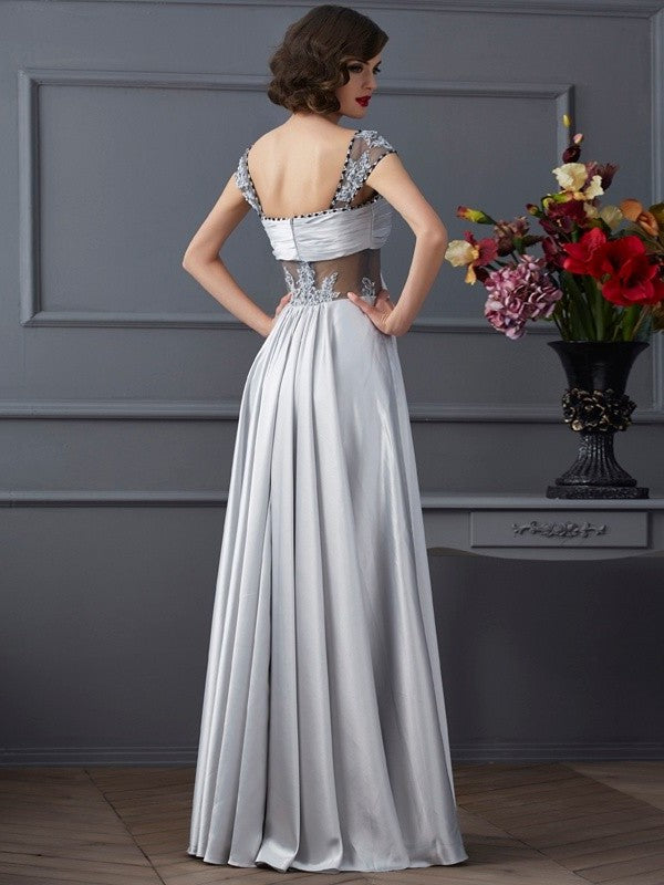 Long Elastic A-Line/Princess Off the Shoulder Pleats Sleeveless Woven Satin Dresses