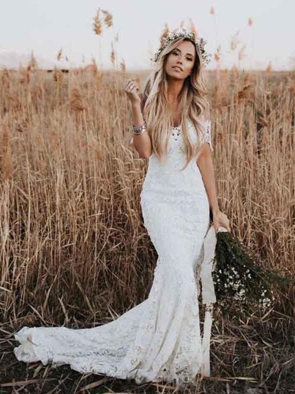 Sleeves Applique Trumpet/Mermaid Lace Off-the-Shoulder Short Court Train Wedding Dresses
