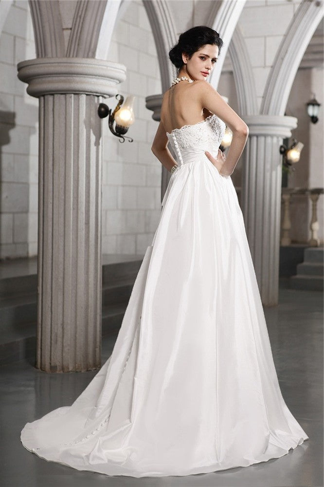 Beading Strapless A-Line/Princess Sleeveless Long Applique Taffeta Wedding Dresses