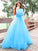 A-Line/Princess Long Off-the-Shoulder Tulle Applique Sleeves Floor-Length Dresses