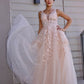 Sleeveless Applique Tulle A-Line/Princess Scoop Sweep/Brush Train Dresses