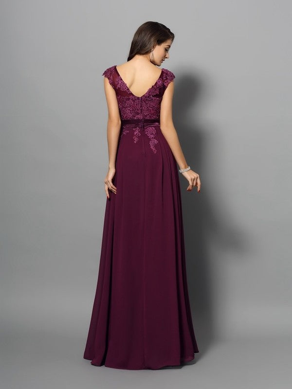 Scoop Sleeveless A-Line/Princess Applique Long Chiffon Dresses