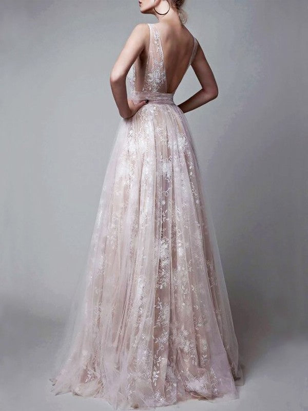 V-neck Floor-Length A-Line/Princess Tulle Sleeveless Applique Dresses