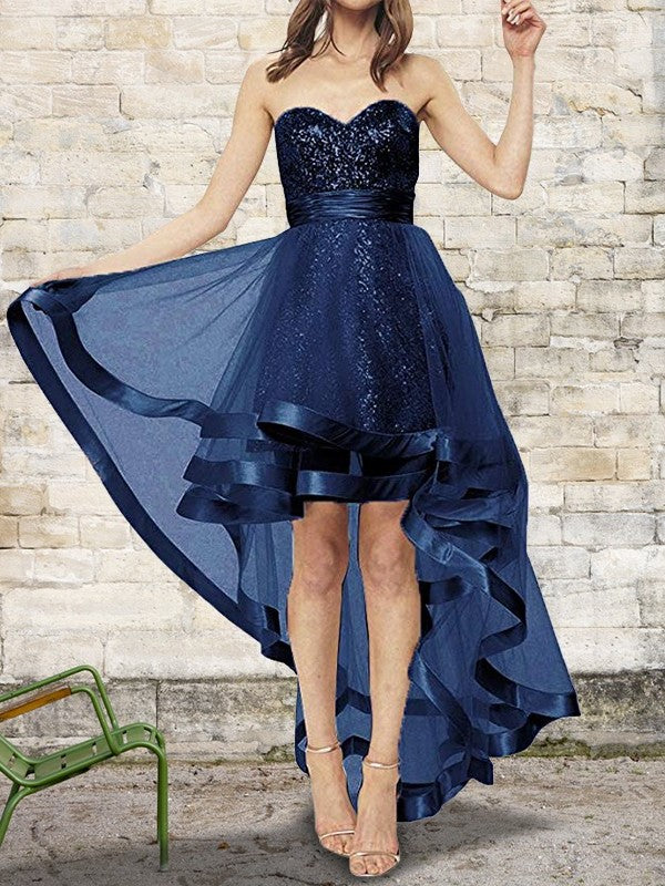 Sleeveless Asymmetrical A-Line/Princess Sweetheart Sequin Organza Dresses