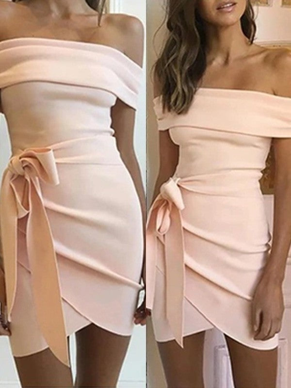 Off-the-Shoulder Sheath/Column Sash/Ribbon/Belt Stretch Crepe Sleeveless Short/Mini Homecoming Dresses