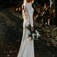 Ruffles Sleeves Sheath/Column Floor-Length Long Stretch Jewel Crepe Wedding Dresses