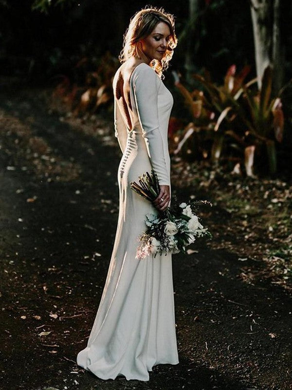 Ruffles Sleeves Sheath/Column Floor-Length Long Stretch Jewel Crepe Wedding Dresses