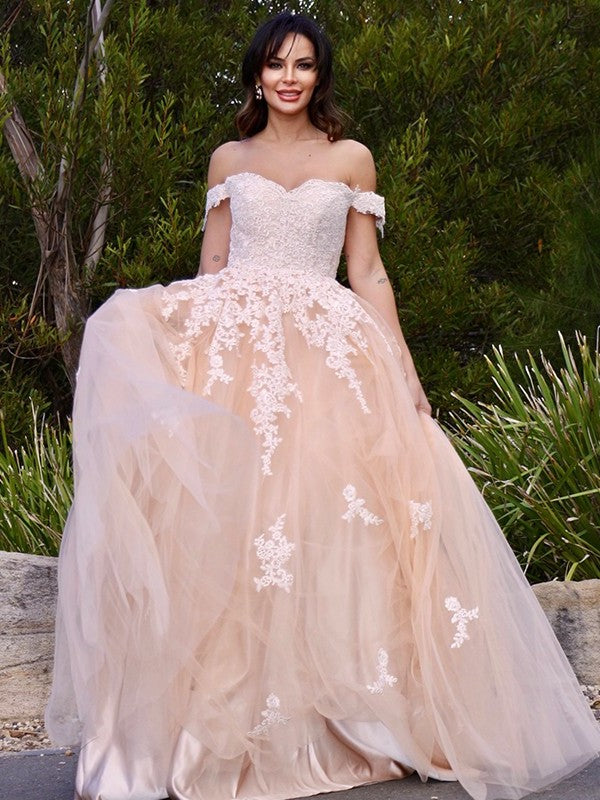 Off-the-Shoulder Applique Tulle A-Line/Princess Sleeveless Floor-Length Dresses