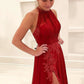 A-Line/Princess Sleeveless Halter Floor-Length Applique Chiffon Dresses