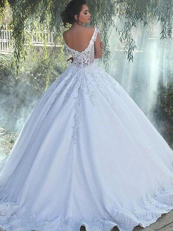 Sleeveless Gown Sweep/Brush Scoop Lace Train Ball Satin Wedding Dresses