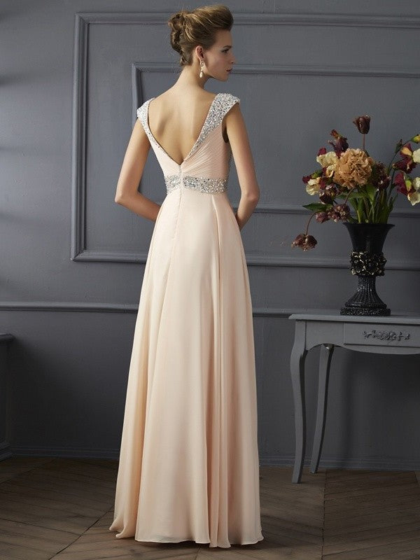 Long Sleeveless Straps A-Line/Princess Beading Chiffon Dresses
