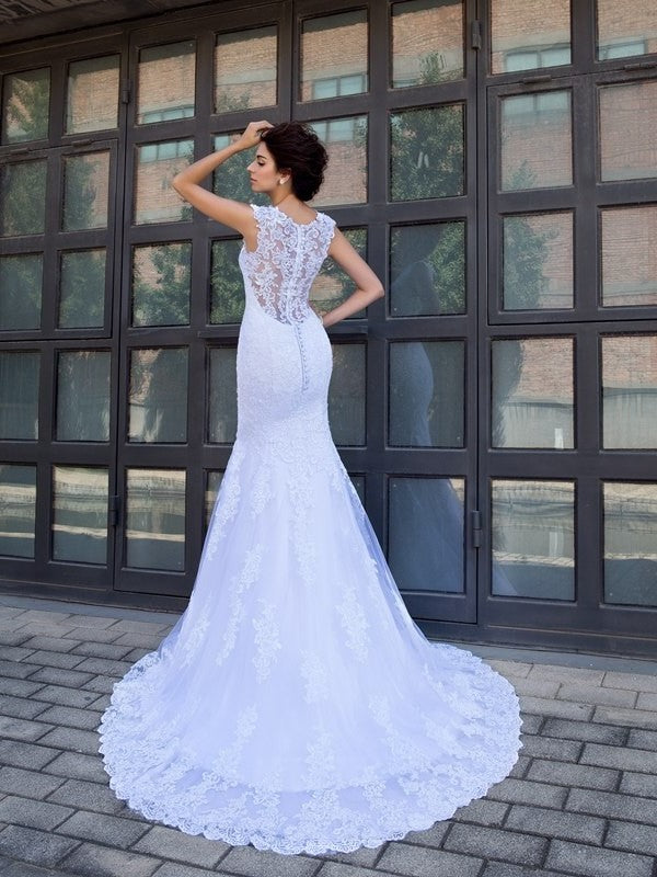 Trumpet/Mermaid V-neck Long Applique Sleeveless Satin Wedding Dresses