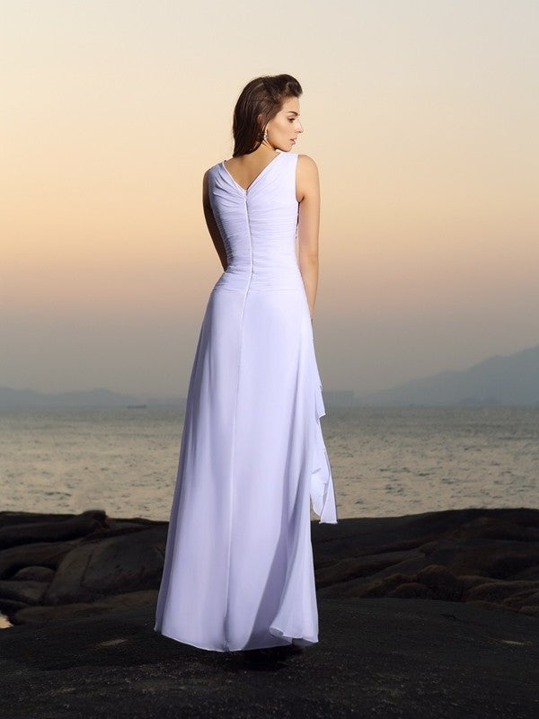 Long V-neck Sleeveless Pleats A-Line/Princess Chiffon Beach Wedding Dresses
