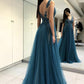 Sleeveless A-Line/Princess Floor-Length V-neck Applique Tulle Dresses
