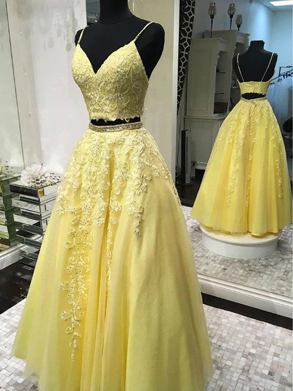 Sleeveless Applique Tulle A-Line/Princess V-neck Floor-Length Two Piece Dresses