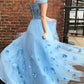 Off-the-Shoulder A-Line/Princess Tulle Applique Sleeveless Floor-Length Dresses